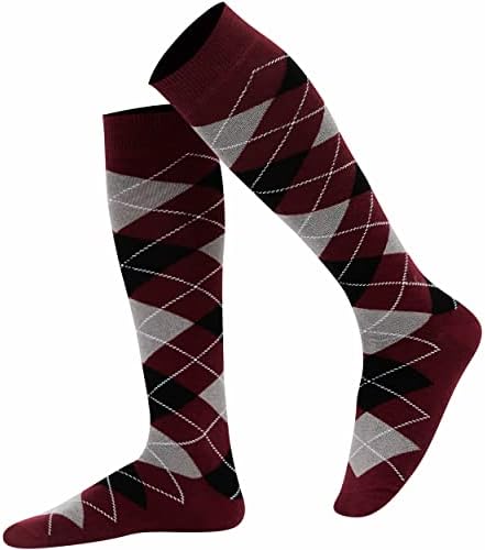 MySocks Unisex Knee High Long Socks Argyle Burgundy Black Ash