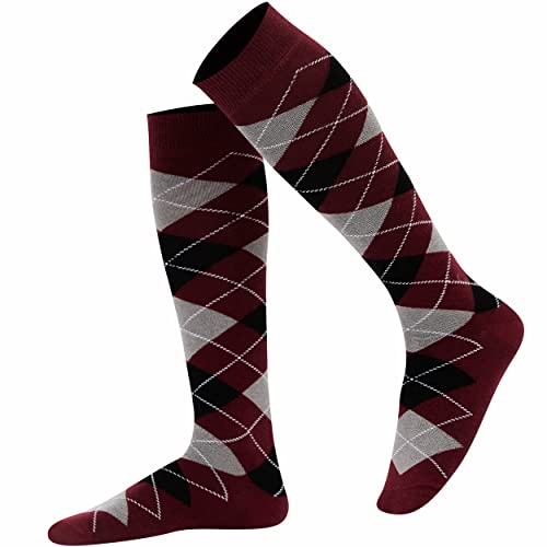 Mysocks Unisex Knee High Long Socks Argyle Burgundy Black Ash #TOP2