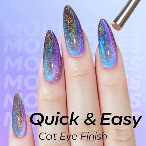 Image of modelones 9D Magnetic Cat Eye Gel Nail Polish, Holographic Blue Purple Rainbow Shimmer, 15ML UV LED Soak Off Gel Manicure Design - Reflective Top Coat for Women & Girls