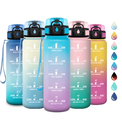 Borraccia 1L, Bottiglia Acqua A Prova di Perdite, Bottiglia Riutilizzabile, Borraccie con Filtro e Marcatori Temporali, senza BPA, Borraccia Motivazionale per Campeggio, Scuola, Ufficio, Yoga