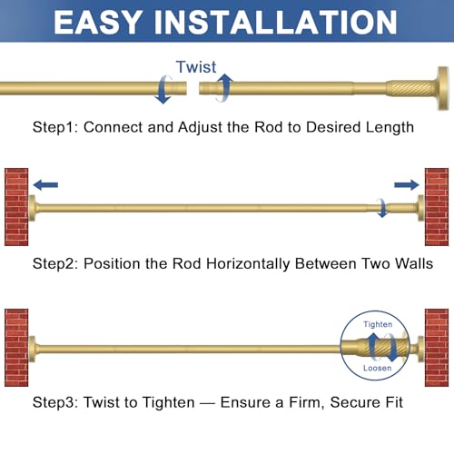 Image of Tension Curtain Rod 32-62Inch Gold Shower Rod Tension Rod Adjustable | Curtain Rods no Drilling Tension Rod for Windows,Closets,Doorway