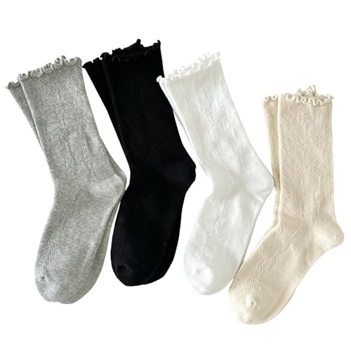 zrylibya Women Cute Ruffle Frilly Crochet Ankle Socks Solid Color Basic Casual Crew Socks 4 Pairs