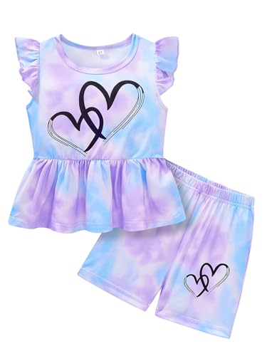 Image of Girls Summer Outfits Toddler Baby Girls Short Sets 2 Piece Clothing Set Flutter Sleeve Shirt and Short 2-7 Years