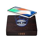 Wooden Digital Alarm Clock with QI Wireless Charging Board 10W Fast Wireless Charging Station for iPhone/Samsung Galaxy Bedroom Sleep Timer Wake Up Bedside Wooden LED Clock Walnut Color