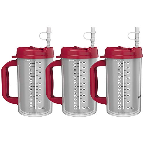 (3) 32 Oz Hospital Insulated Cold Drink Mugs with Red Lids