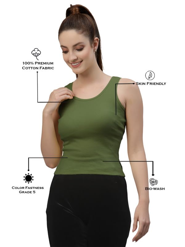 Friskers Women’s Olive Green Ribbed Cotton Tank Top | Slim Fit Sleeveless Crop Top for Women | Casual Gym/Yoga | Soft Stretchable Fabric 4