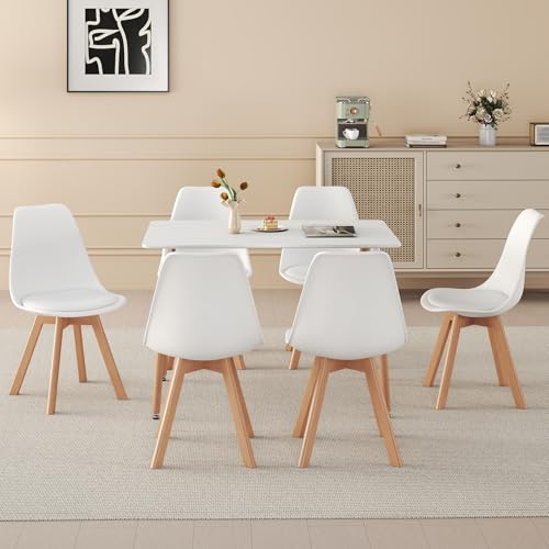 BenyLed Juego de Comedor Mesa Rectángulo con 6 Sillas, Mesa de Comedor y 6 Sillas Nórdicas para el Cocina, Sala, Comedor, Oficina (Mesa Blanca + 6 sillas Blancas)