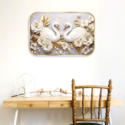 Image of Indianara White Swan Wall Art with Gold Roses, Digital Print, Gold Frame, 45 x 30 cm, Landscape