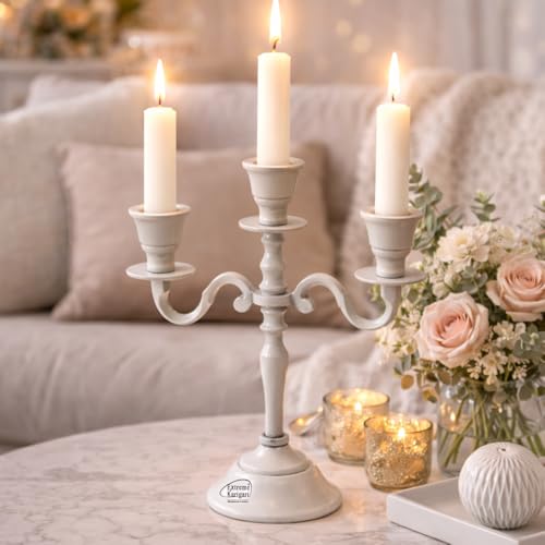 Image of Aluminum 3-Arm 8inch Ivory Candelabra for Dining Table | Vintage Candle Stand for Romantic Dinner, Home & Wedding Decor