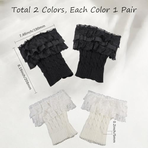 2 Paris Black White Ruffle Lace Boot Cuff Socks Summer Winter Fashion Decorative Stretch Crochet Laced Trim Leg Warmers Toppers Short Knitted Cuffs Calf Socks Bulk for Women Gift Accessories2