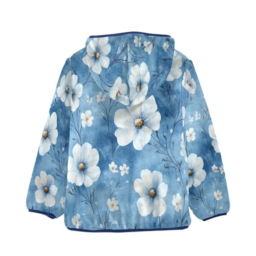 Blue Floral Pattern Print Toddler Fleece Jacket Girl Boys Hooded Fleece Jacket Coat Warm Outwear Zip-up 3-10T2