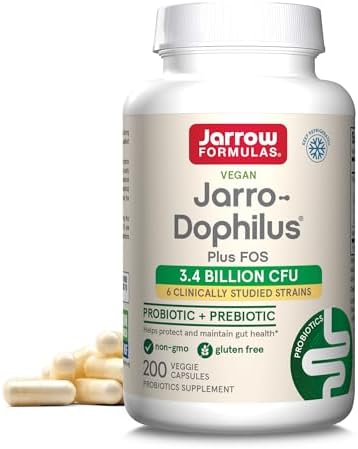 Jarrow Formulas Jarro-Dophilus + FOS – 3.4 Billion CFU Per Serving – Prebiotic & Probiotics Supplement for Immune & Intestine Support – Up to 200 Servings (Veggie Capsules)