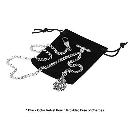 Treeweto Men's Albert Chain Pocket Watch Curb Link Key Chain 2 Hooks With Antique Shield Silver Pendant Design Charm Fob T Bar #TOP1