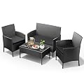 UDPATIO Patio Furniture 4 Pieces Outdoor Wicker Rattan Chair Balcony Conversation Sets Porch Furniture Sectional Loveseat w Cushions and Table for Backyard Pool Garden (Black-Black)