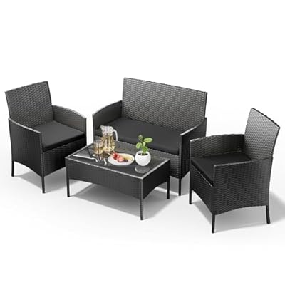UDPATIO Patio Furniture 4 Pieces Outdoor Wicker Rattan Chair Balcony Conversation Sets Porch Furniture Sectional Loveseat w Cushions and Table for Backyard Pool Garden (Black-Black)