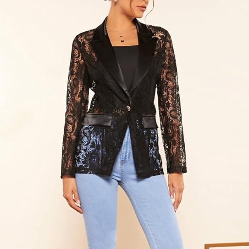 Women's Floral Lace Blazer Mesh Single Button Lapel Long Sleeve Elegant Jacket Blazer2