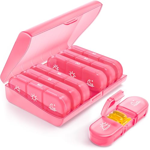 AUVON wöchentlicher Pillendose 7 Tage 3 Fächer, tragbare Tablettenbox 7 Tage mit großen separaten Fächern für Medikamente, Vitamine, Fischöl, Nahrungsergänzungsmittel usw.(Rosa)