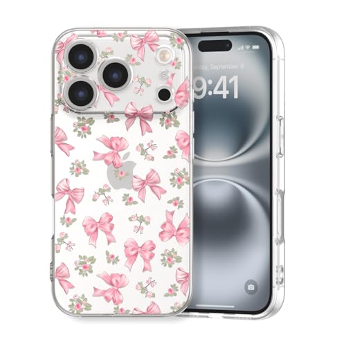 DYFYFKDI for iPhone 17 Pro Max Case, Ribbon Bow Floral Flowers Cute Aesthetic Clear Rose Bowknot Case for Women Girls,Transparent Slim Soft Shockproof Cover - Pink Bow Flower