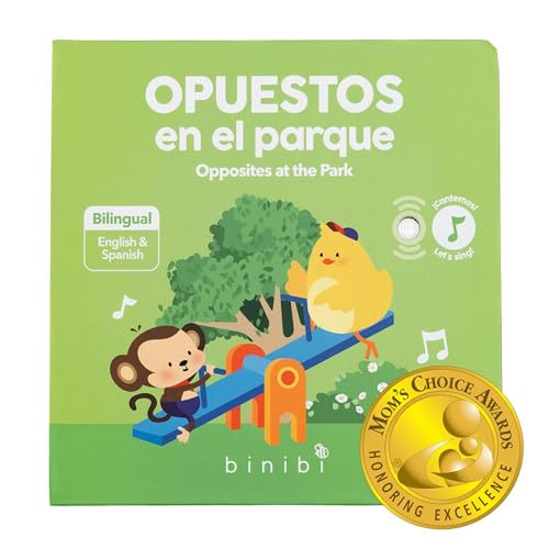 Image of Binibi Opuestos Bilingual Spanish Opposites Musical Book Kids 3-5 | Libros en Español para Niños. Bilingual opposites sound book teaching Spanish and English for kids, ages 3-5.