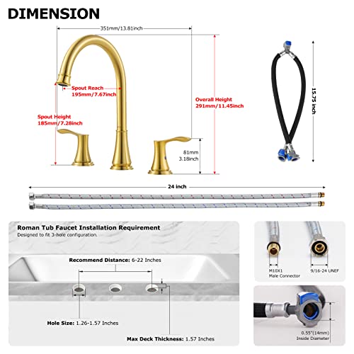 Parlos 2-Handle Widespread High Arc Roman Bathtub Faucet Tub Filler With Valve & Faucet Supply Lines, Brushed Gold, Demeter 1436208 #TOP3