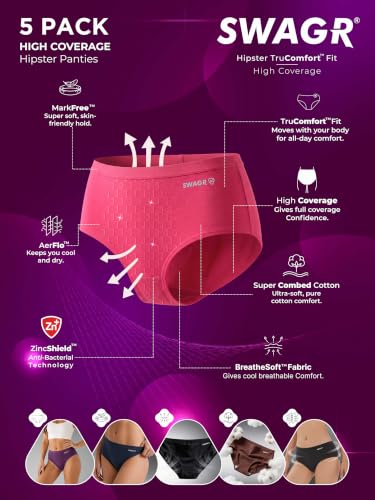 Image of SWAGR 5 Pack Women's High Coverage Super Combed Cotton Hipster Panty Set | Powered by ZincShield Anti-Bacterial Tech | BreatheSoft Fabric | MarkFree Waistband | SOXCO Style HP06