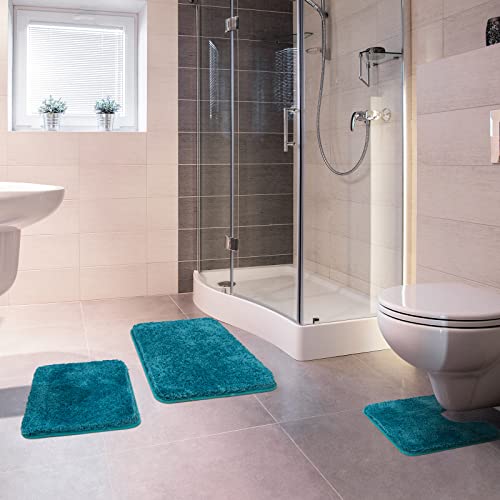 Miulee 3 Pieces Bathroom Rugs And Mats Sets Extra Thick Non Slip Microfiber Bath Mats And U-Shaped Contour Toilet Rug For Bath Room Floor Restroom,20"X30"+16"X24"+20"X20", Teal #TOP5