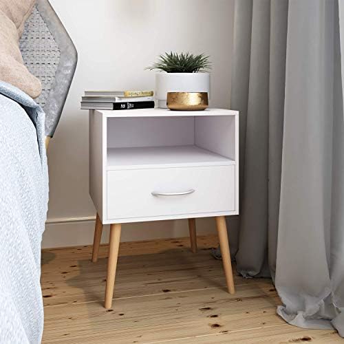 Joolihome Wood Bedside Table Set of 2 Cabinet Storage Nightstands 1 Drawer with Metal Handle, 42 x 42 x 56 cm (White, 2)