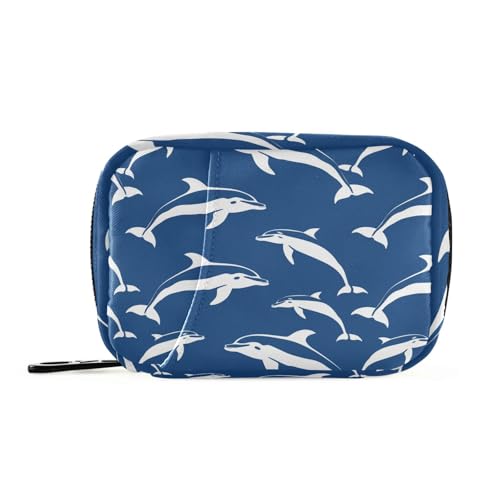 Dolphin Silhouettes - Bolsa de viaje azul y blanca con compartimentos desmontables, organizador de pastillas diario portátil