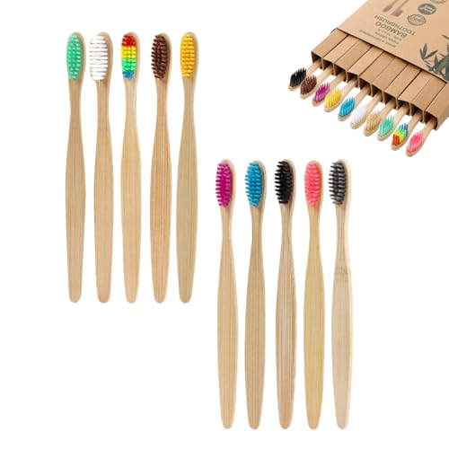 10 Pezzi Spazzolino Bamboo, Spazzolini da Denti in Bambù, Spazzolino Denti Legno Naturale per Aulti e Bambini, Biodegradabile Ecologico, Senza BPA