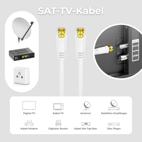 deleyCON 2m SAT TV Antennenkabel Koaxial Kabel HDTV 4-Fach Schirmung DVB-S DVB-S2 Radio DAB Vergoldete Metallstecker Weiß