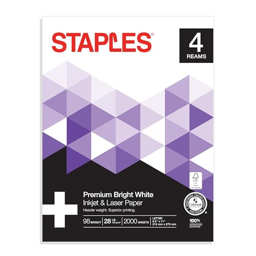 Staples Inkjet & Laser Paper 8.5 x 11 Inch Bright White Sheets, 4 Ream Case