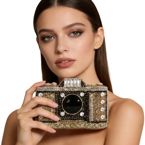 Image of UMREN Novelty Crystal Camera Shaped Clutch Purse for Women Sparkly Rhinestones Evening Clutch Bag Glitter Bridal Prom Handbag