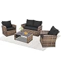FHFO 4 Piece Outdoor Patio Furniture Set,Wicker Conversation Sets Outdoor Sectional Patio Sofa Couch with Cushions & Coffee Table for Outside, Garden, Balcony, Porch,Yellow/Black
