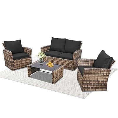 FHFO 4 Piece Outdoor Patio Furniture Set,Wicker Conversation Sets Outdoor Sectional Patio Sofa Couch with Cushions & Coffee Table for Outside, Garden, Balcony, Porch,Yellow/Black