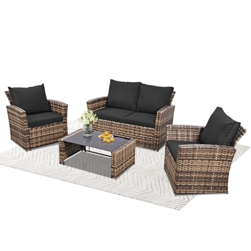 FHFO 4 Piece Outdoor Patio Furniture Set,Wicker Conversation Sets Outdoor Sectional Patio Sofa Couch with Cushions & Coffee Table for Outside, Garden, Balcony, Porch,Yellow/Black