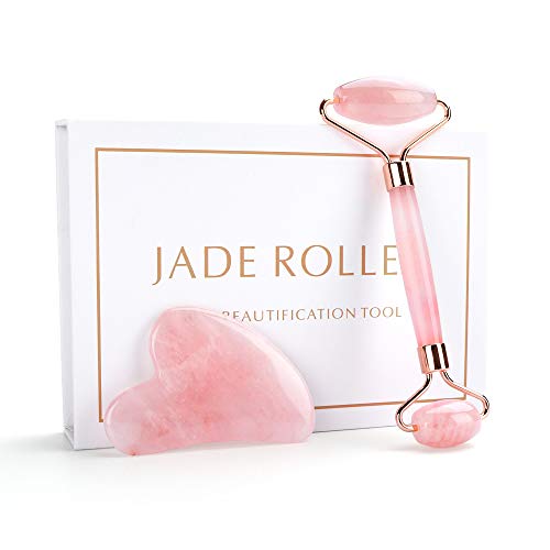 Jade Roller and Gua Sha Set , Rose Quartz Face Roller and Gua Sha Scrapping - 100% Natural Jade Facial Roller Massager for Face, Eye, Neck - Beauty Jade Roller Set for Facial Slimming & Firming