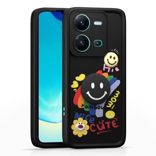 Image of Pikkme Back Cover for Vivo V25 5G | Soft Silicone| Cute Rainbow Smile & 3D Cartoon Flower Design | Shockproof Raised Camera Protection Bumper Case (Black)