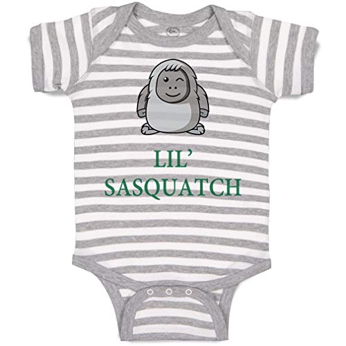 Image of Custom Personalized Baby Bodysuit Lil' Sasquatch Funny Cotton Boy & Girl Striped Baby Clothes Stripes Gray White Design Only 6 Months