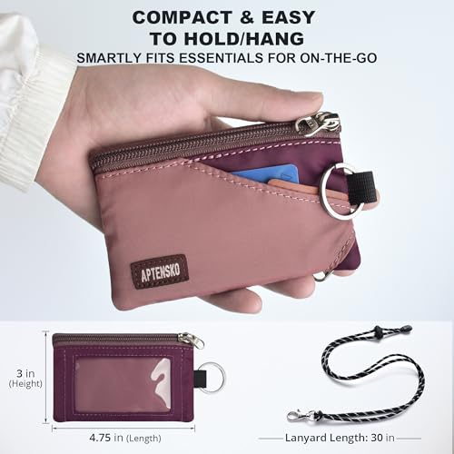 Image of RFID Blocking Travel Wallet with Adjustable Lanyard, Small Nylon Zipper Pouch and Badge Holder for ID, Credit Cards, Cash, Keys, Commuters (Mauve+Plum Wine)