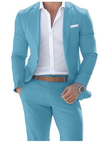 Mens Cotton Suit 2 Piece Set Slim Fit One Button Solid Dress Casual Blazer Formal Wedding Party Prom Tuxedo Jacket and Pants