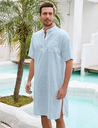 TURETRENDY Men's Linen Kaftan Thobe Short Sleeve Robe Gown Casual Longline T Shirts for Beach3