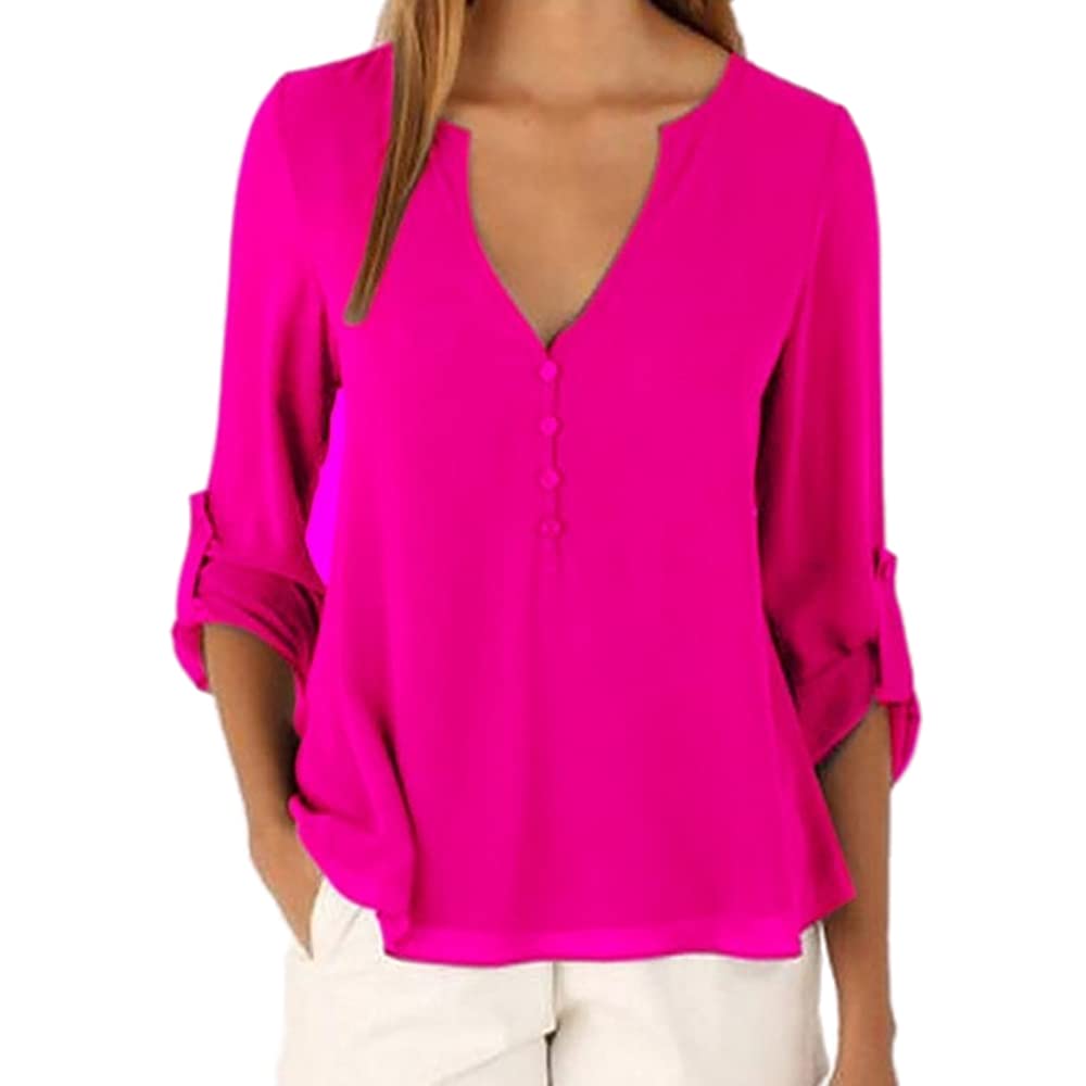 KCatsyWomens Tops Shirt Long Sleeve Chiffon Solid Colour/Ombre Roll-Up Elegant Gradient Plus Size V-Neck Loose Blouse