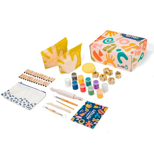 Sculpd Kids Pottery Kit, Air-Dry Clay Starter Kit for Kids Age 4 to 6, Air Dry Clay with 10 Colour Paint Set, Paintbrushes, Tool Set, Alphabet Stampers, Sponge and Step-by-Step Guide