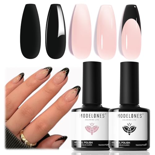 modelones French Tip Gel Nail Polish Set 2 Pcs 15ml Black and Milky Pink French Manicure Kit Sheer Pink Soak Off U V LED Jelly Base Color Gel Polish Nail Art Home DIY Gift for Women