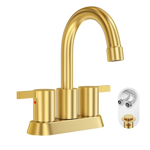 Brushed Gold 4 Inch 2 Handle Centerset Lead-Free Bathroom Faucet, Swivel Spout with Copper Pop Up Drain and 2 Water Supply Lines, BF015-1-BG