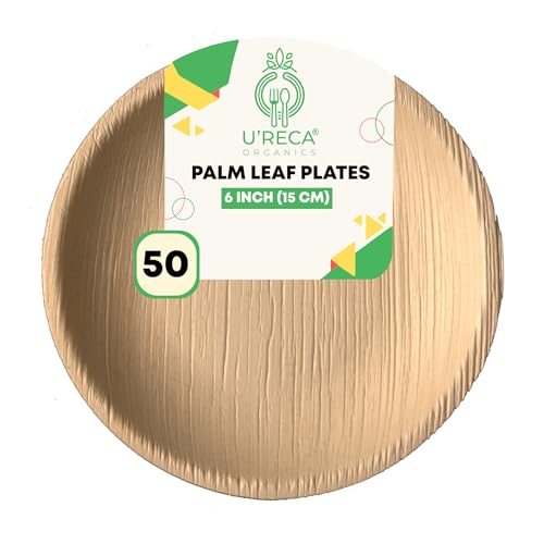 U'reca Organics Eco-Friendly Areca Palm Leaf Round Plates | 6 - Pack of 50 | Ideal for Tea-Time Snacks, Desserts & Side Portions | Leakproof, Biodegradable, Sturdy