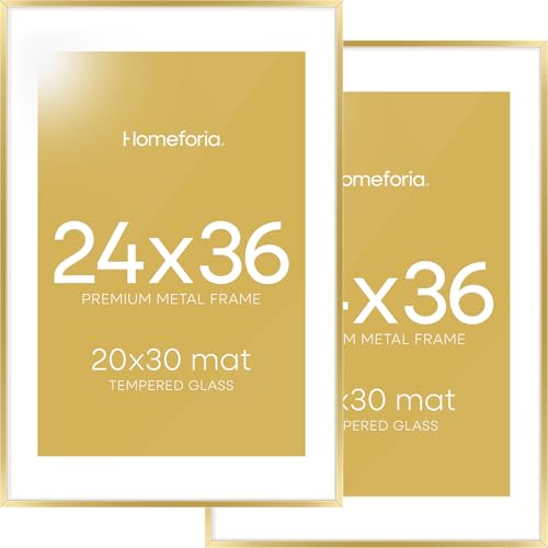 Image of Homeforia 24x36 Gold Picture Frame, High End Metal 24 x 36 Large Poster Frames with Mat 20 by 30 inch Photo, 24x36 Gold Frame Matted to 20x30 for Print, 36x24 Frame, Tempered Glass, Wall Kit, Set of 2
