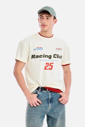 Image of SNITCH Men T-Shirt | Oversized Racing Club Typographic Graphic Print Crew Neck Drop Shoulder | Polyester Cotton Elastane Ribbed Jersey Knit Casual Streetwear