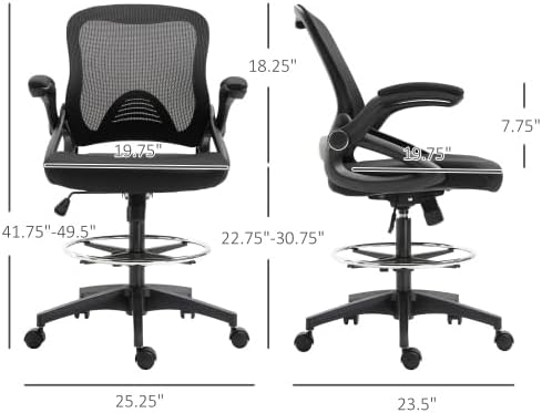 NFMOD Mesh Drafting Chair, Tall Office Chair with Lumbar Support, High-Back Ergonomic Standing Desk Stool with Flip-Up Armrests, Adjustable Footrest Ring and Adjustable Seat Height, Black