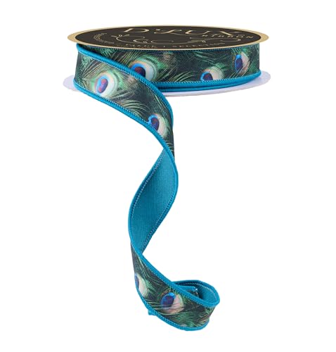 D'Lux Peacock Feather Fused Two-Sided Wired Ribbon for Bows, Wreaths, Gift Wrap, Crafts, and Decorations (Green, Blue, Teal, Multi, 7/8" Wide x 10 Yards) by Craig Bachman - Used condition - US$13.22